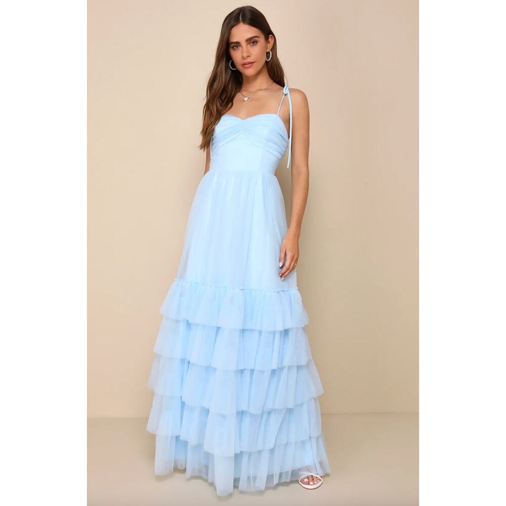Lulus Endlessly Darling Light Blue Mesh Tiered Tie-Strap Maxi Dress Large NWT